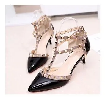 Amozae- Women's Shoes Summer Pointed High-Heeled Stiletto Patent Leather Rivet Single Shoes Was Thin Buckle