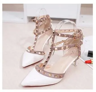 Amozae- Women's Shoes Summer Pointed High-Heeled Stiletto Patent Leather Rivet Single Shoes Was Thin Buckle