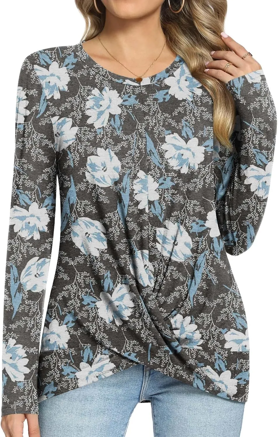Anymiss 2025 Womens Spring Long Sleeve Tunic Tops Casual Winter Twist Front Blouse Crewneck T-Shirts M-2XL