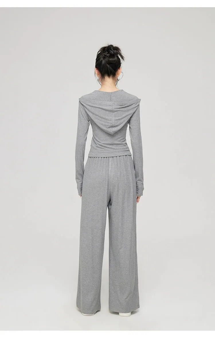 Black & Gray V-neck Hooded Cardigan & Pant Set