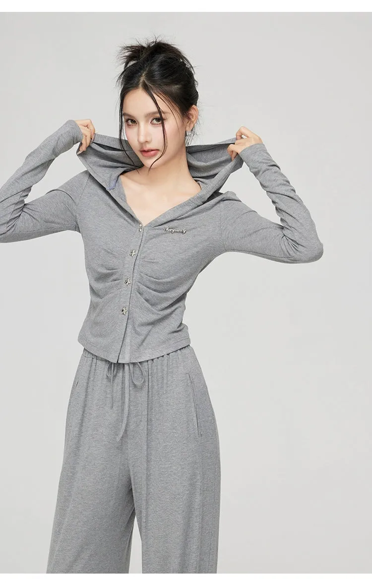 Black & Gray V-neck Hooded Cardigan & Pant Set