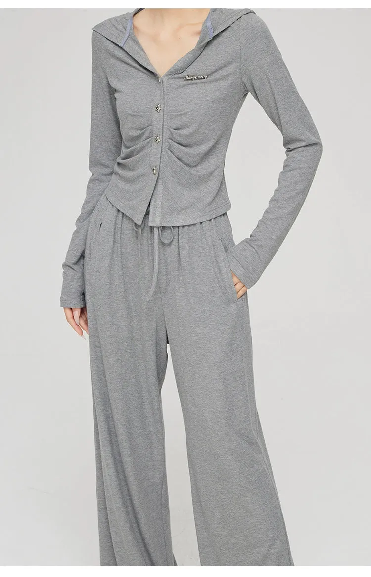 Black & Gray V-neck Hooded Cardigan & Pant Set