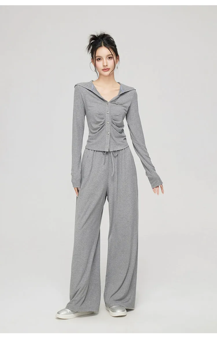 Black & Gray V-neck Hooded Cardigan & Pant Set