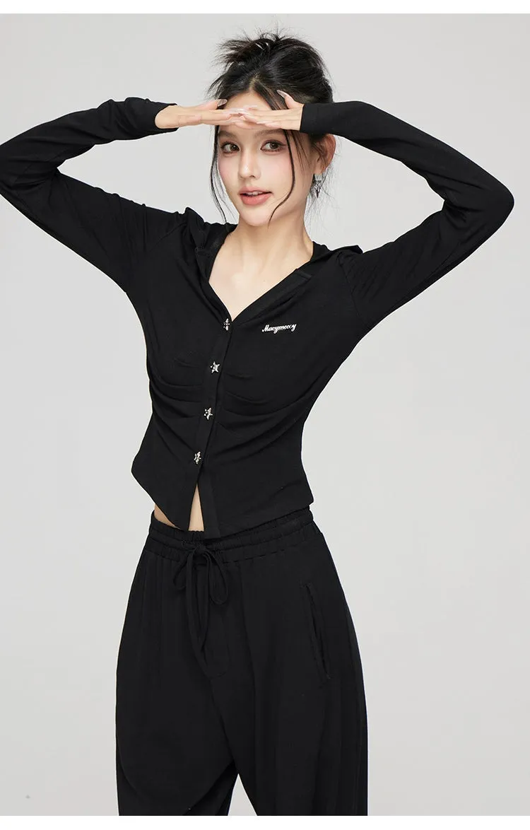 Black & Gray V-neck Hooded Cardigan & Pant Set