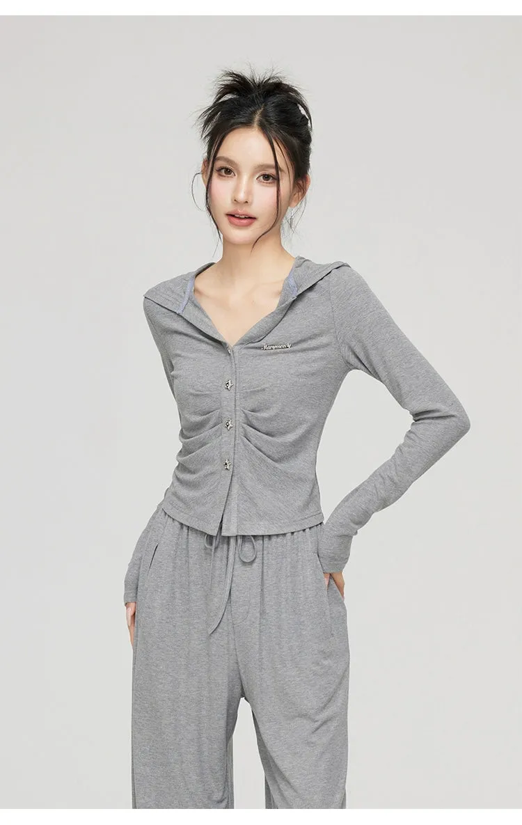 Black & Gray V-neck Hooded Cardigan & Pant Set