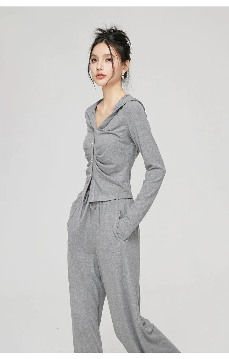 Black & Gray V-neck Hooded Cardigan & Pant Set
