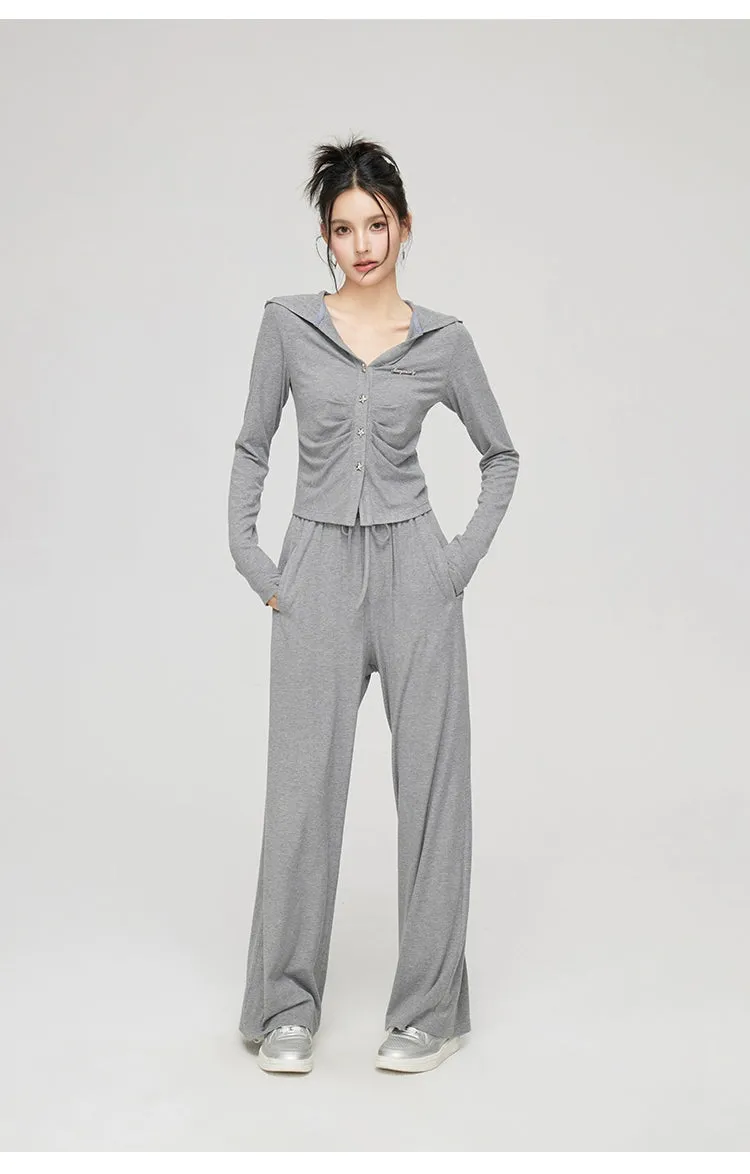 Black & Gray V-neck Hooded Cardigan & Pant Set