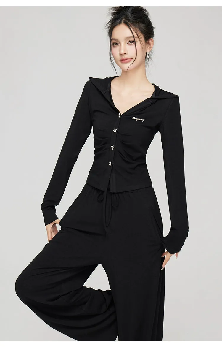 Black & Gray V-neck Hooded Cardigan & Pant Set