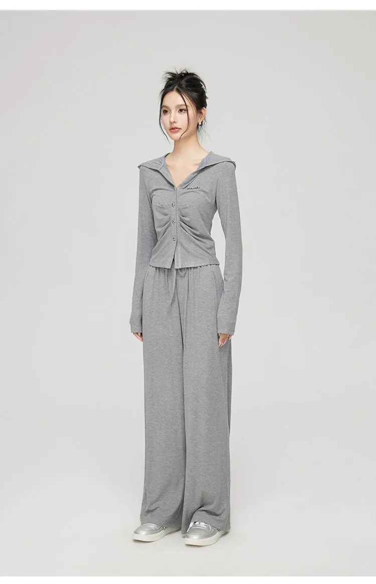 Black & Gray V-neck Hooded Cardigan & Pant Set