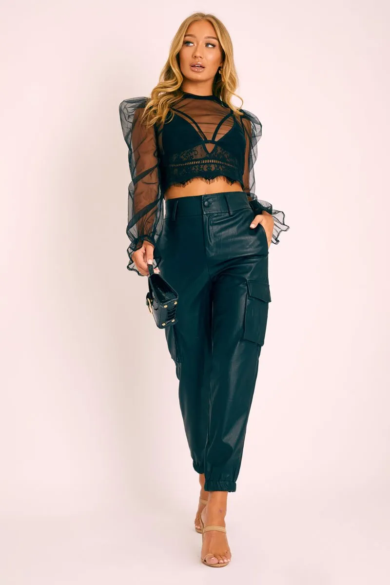 Black Mesh High Neck Open Back Blouse - Anthea