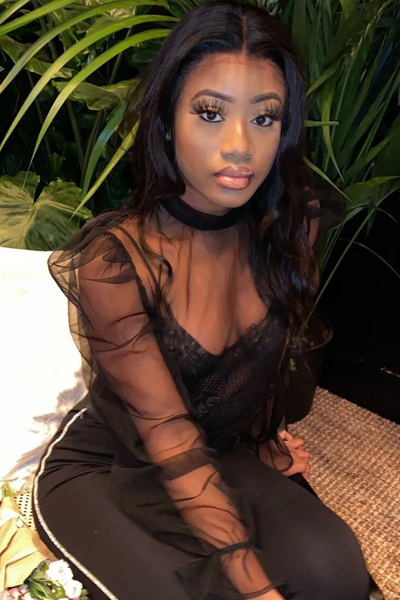 Black Mesh High Neck Open Back Blouse - Anthea