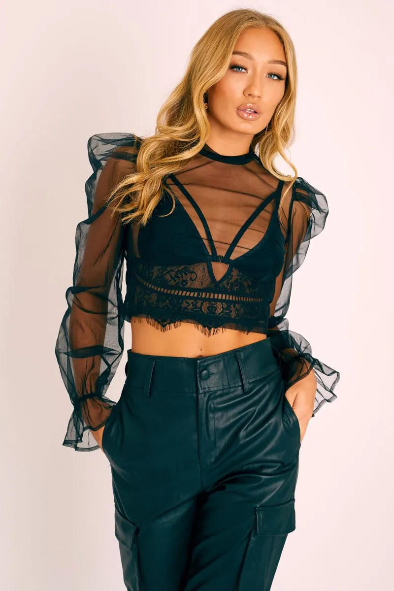 Black Mesh High Neck Open Back Blouse - Anthea