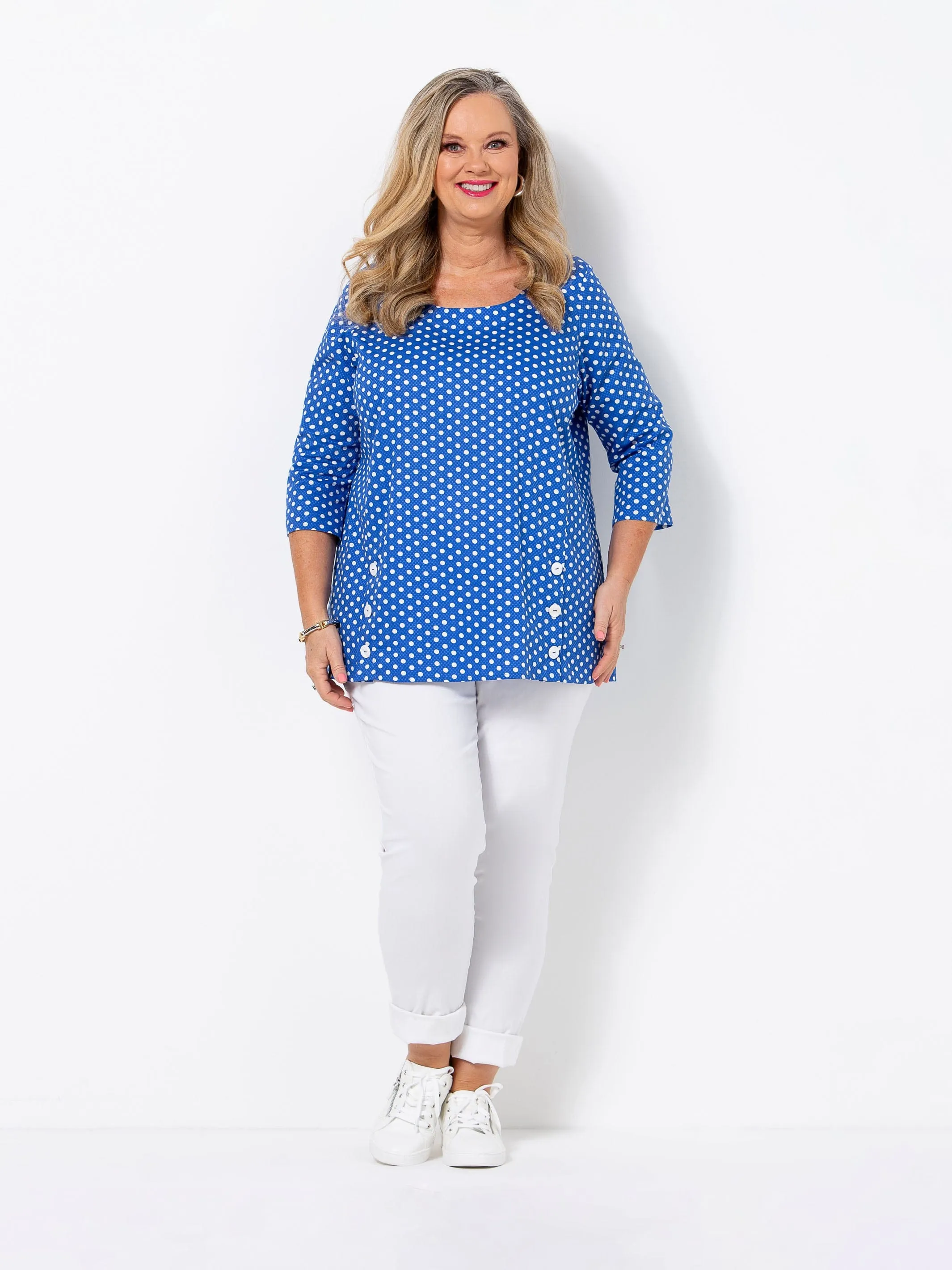 Blue Iris Pique Spot Button Top