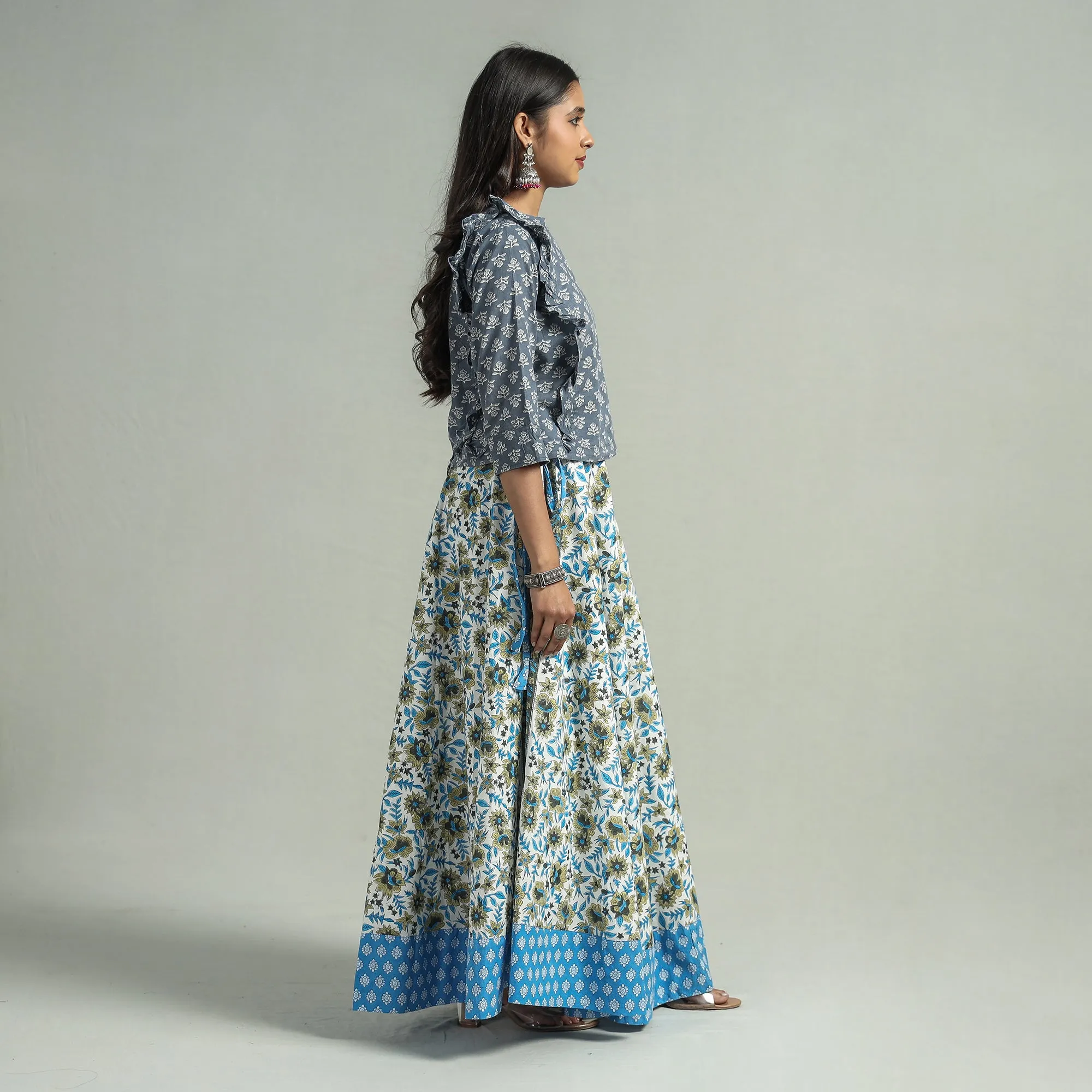 Blue - Sanganeri Block Printed Cotton Long Skirt