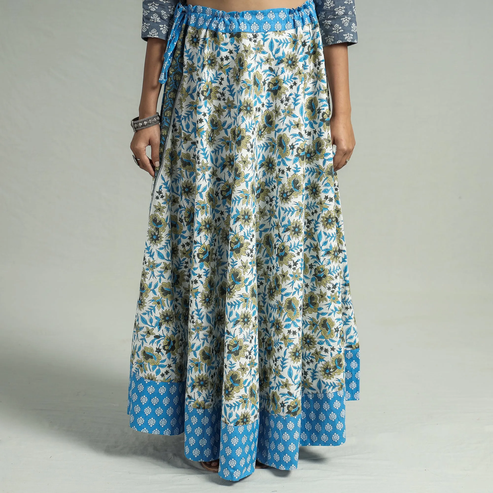 Blue - Sanganeri Block Printed Cotton Long Skirt