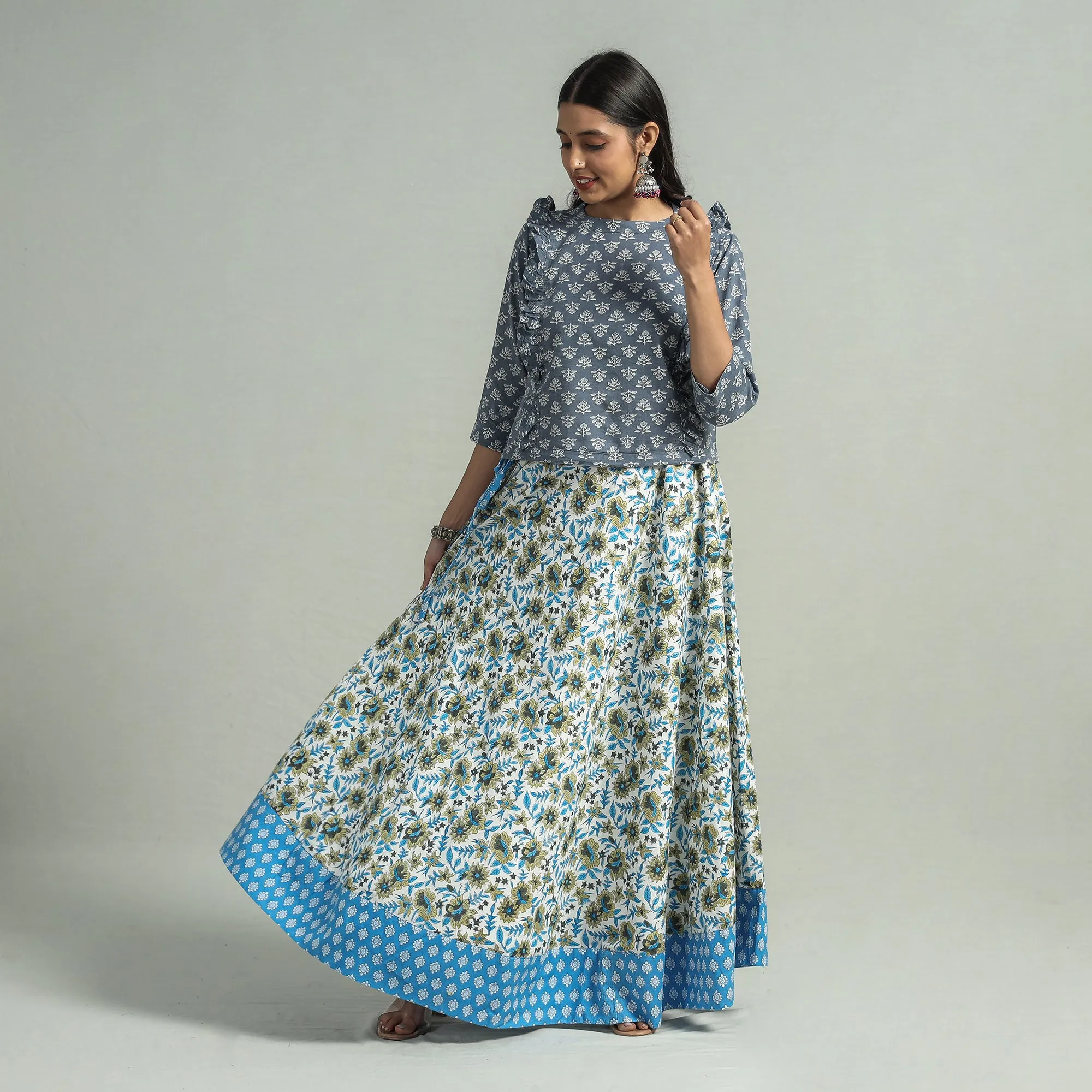 Blue - Sanganeri Block Printed Cotton Long Skirt