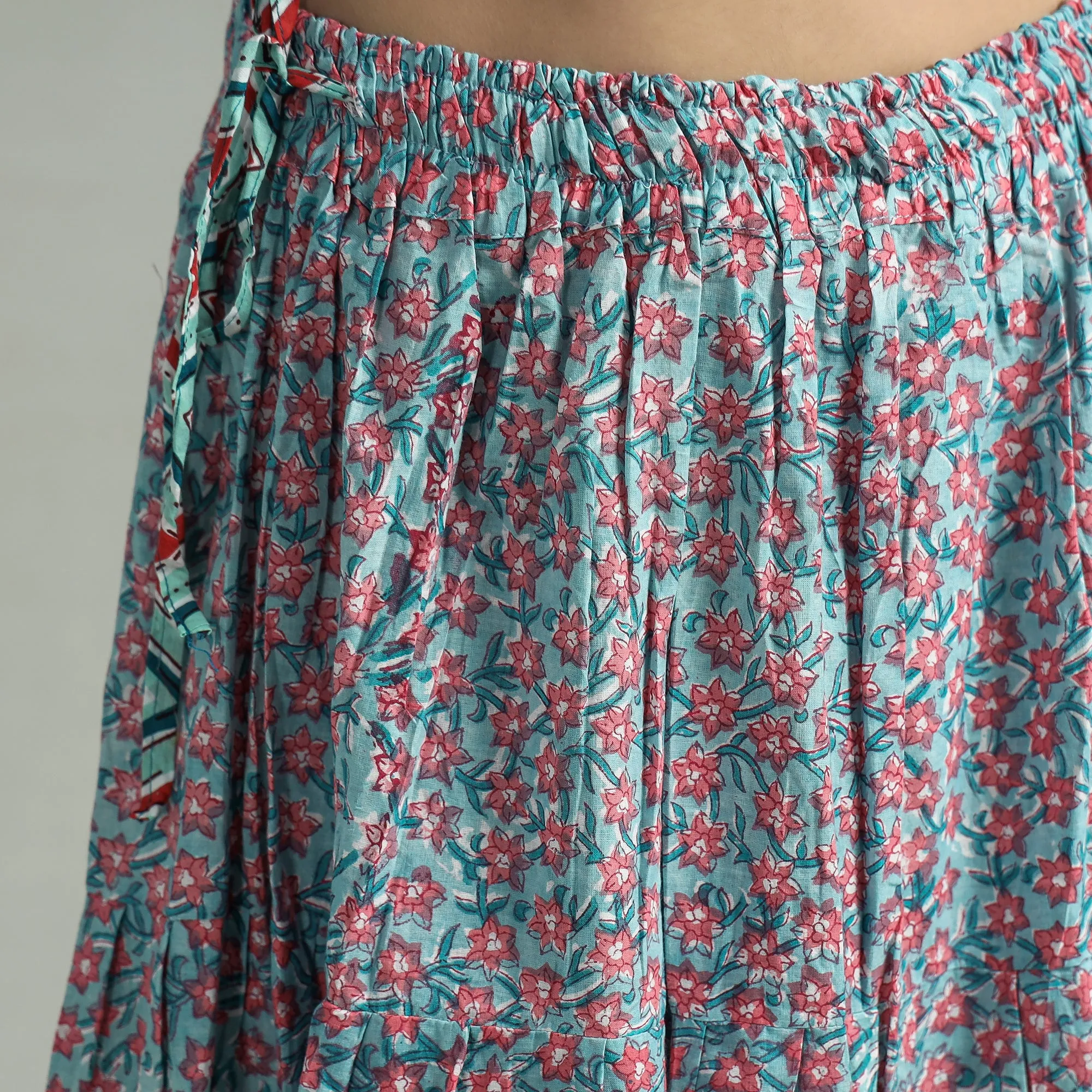 Blue - Sanganeri Block Printed Tiered Cotton Long Skirt