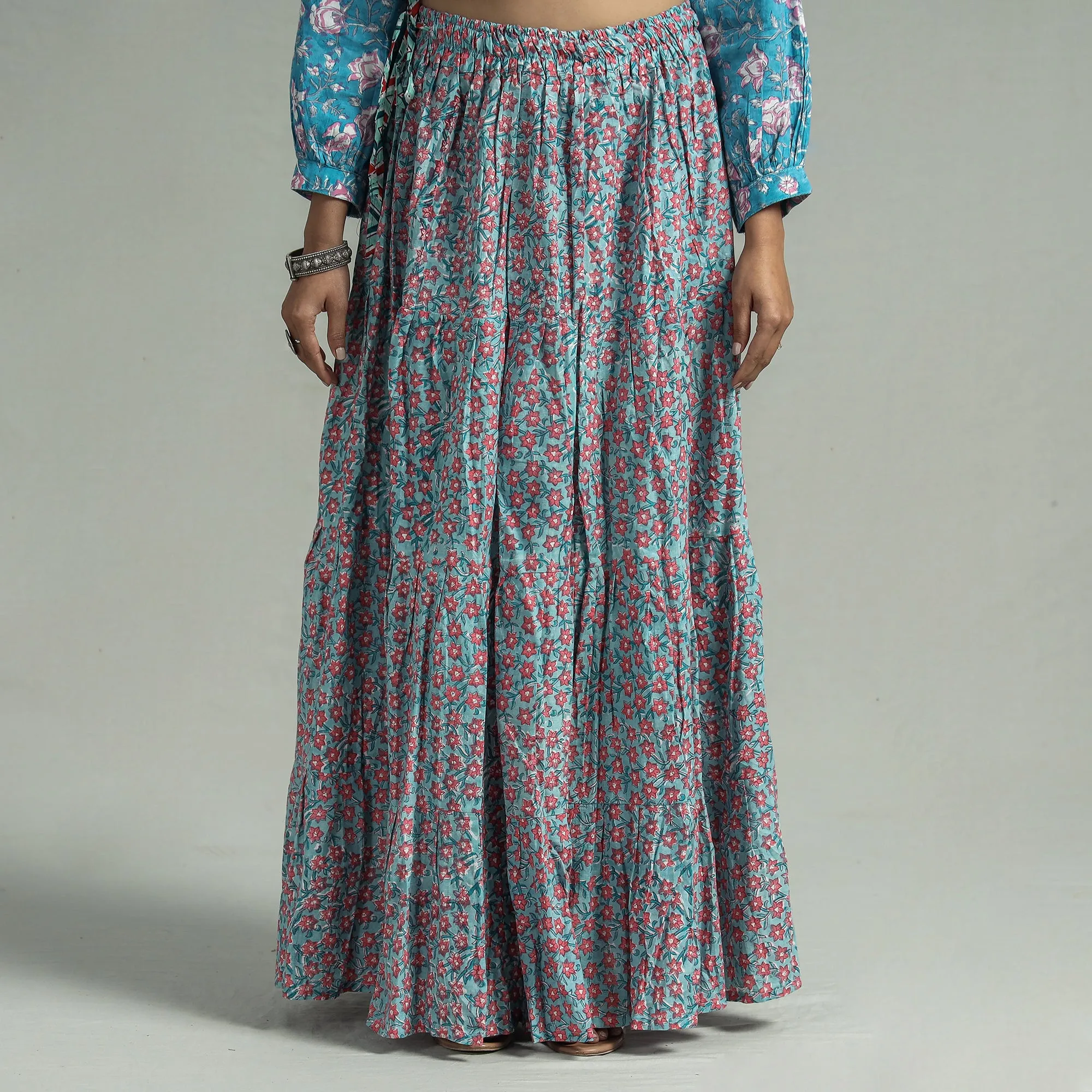 Blue - Sanganeri Block Printed Tiered Cotton Long Skirt