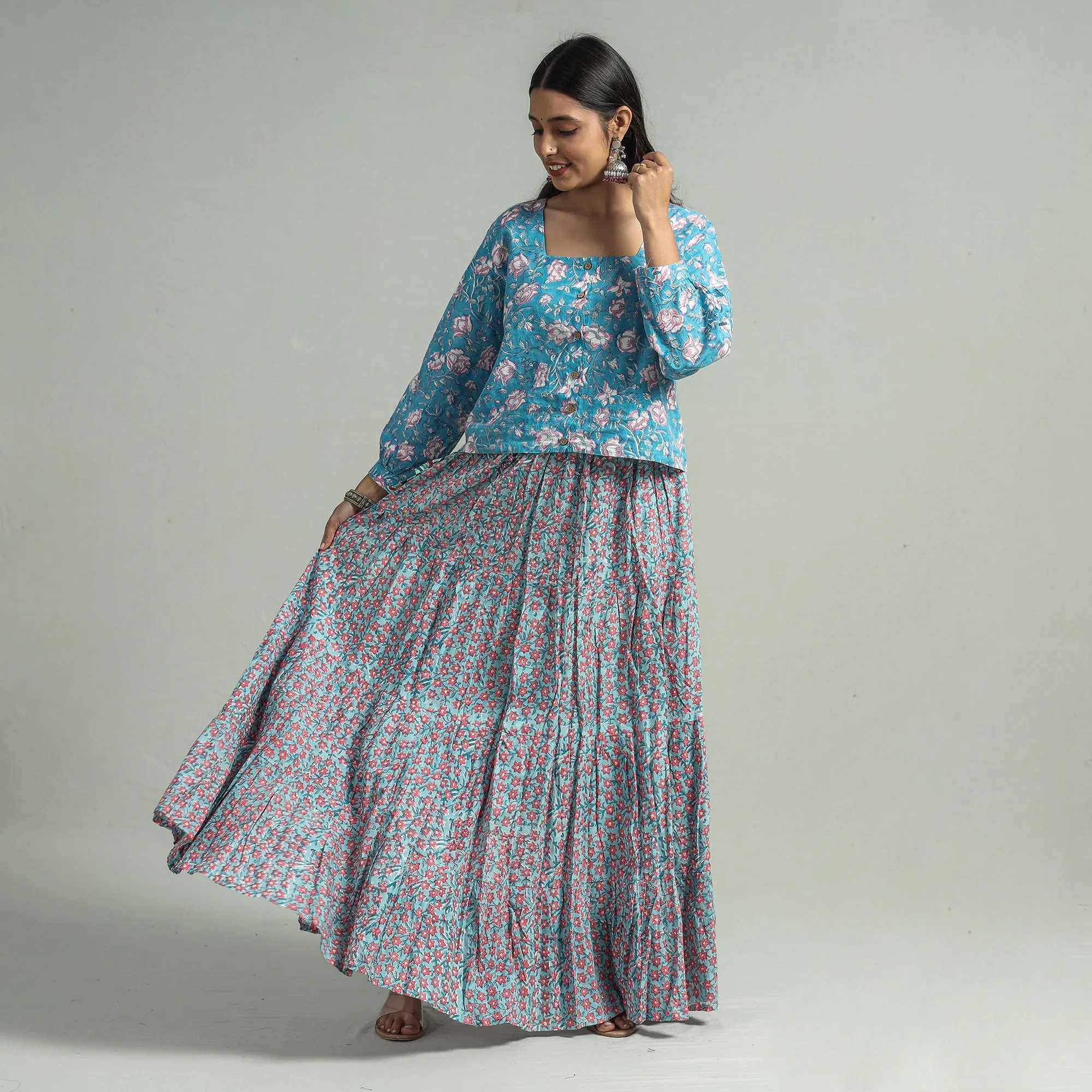 Blue - Sanganeri Block Printed Tiered Cotton Long Skirt