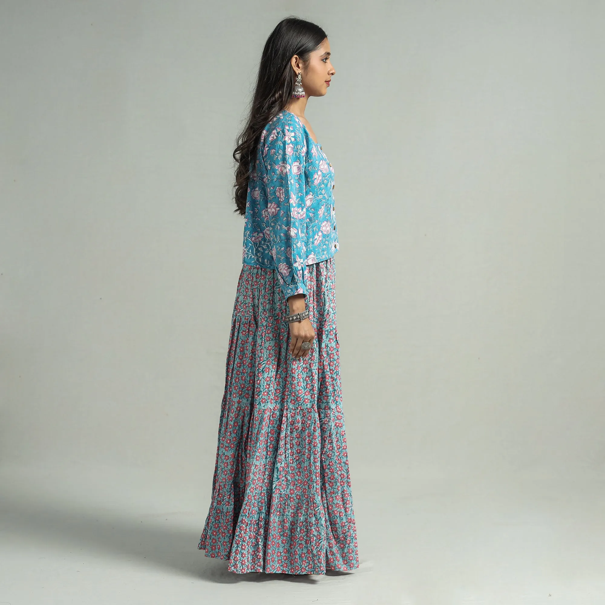 Blue - Sanganeri Block Printed Tiered Cotton Long Skirt