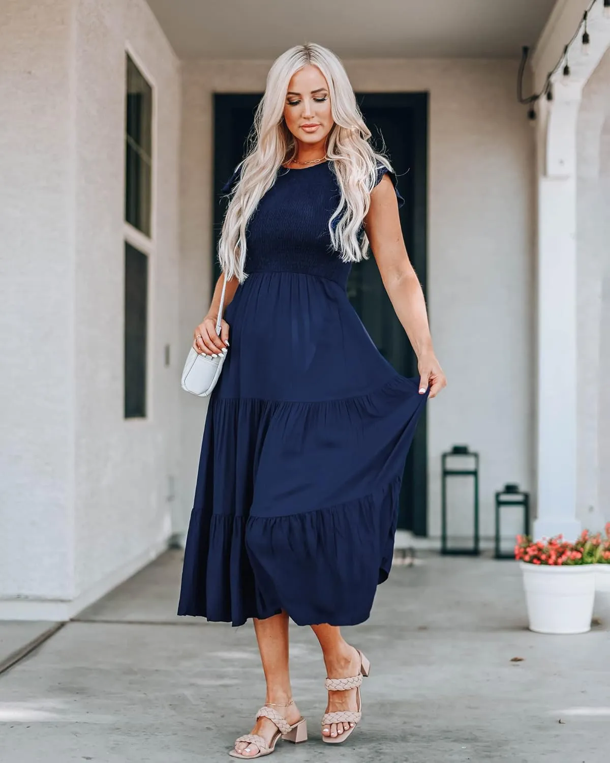 BTFBM Women Casual Short Sleeve Crew Neck Summer Dress Bohemian Floral Printed Flowy Maxi Dresses Tiered Cocktail Dress