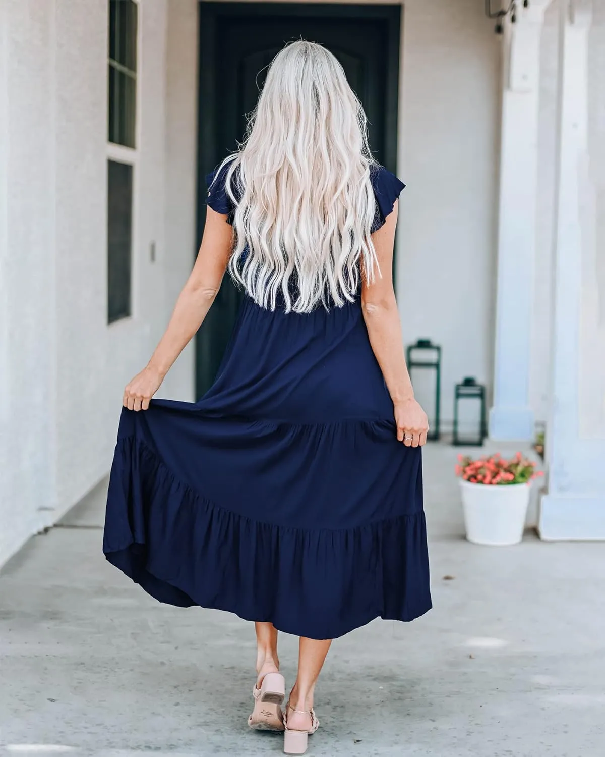 BTFBM Women Casual Short Sleeve Crew Neck Summer Dress Bohemian Floral Printed Flowy Maxi Dresses Tiered Cocktail Dress