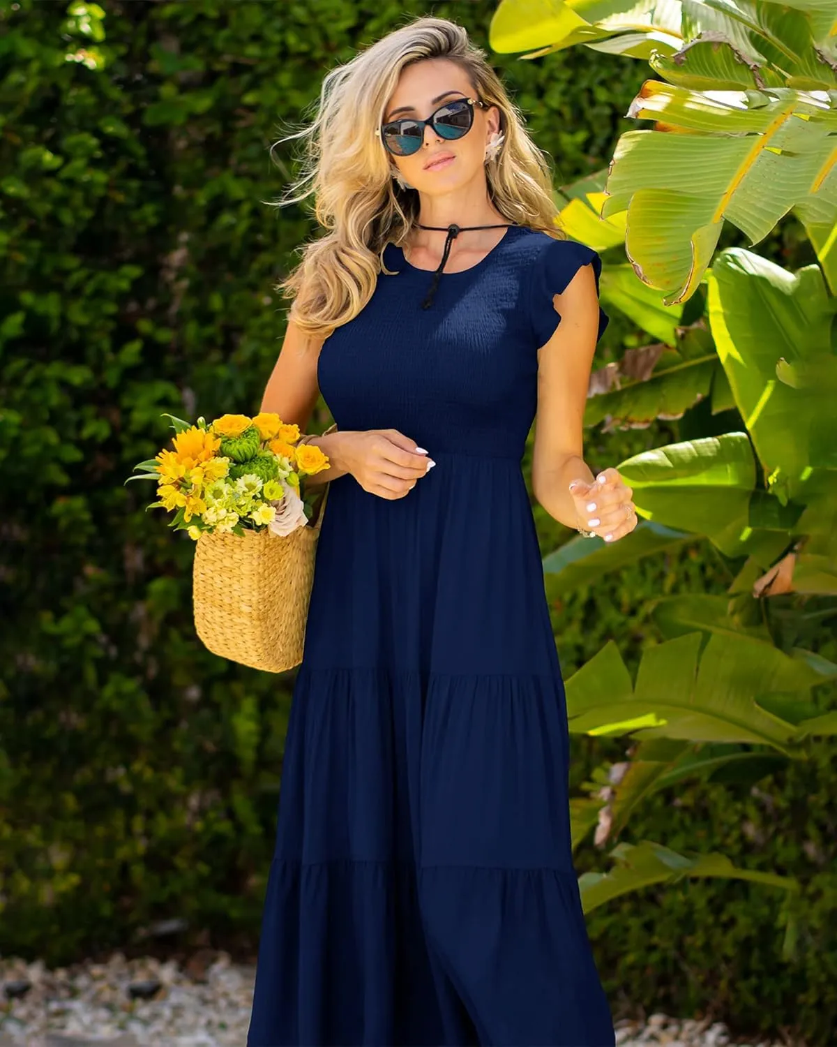 BTFBM Women Casual Short Sleeve Crew Neck Summer Dress Bohemian Floral Printed Flowy Maxi Dresses Tiered Cocktail Dress