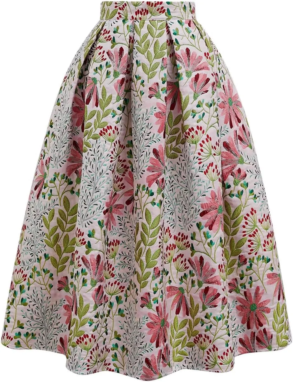 CHICWISH Women Daisy Field Pleated Midi Skirt Printed A-Line Casual High Waist Swing Flared Vintage Skirts with Pockets