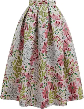 CHICWISH Women Daisy Field Pleated Midi Skirt Printed A-Line Casual High Waist Swing Flared Vintage Skirts with Pockets