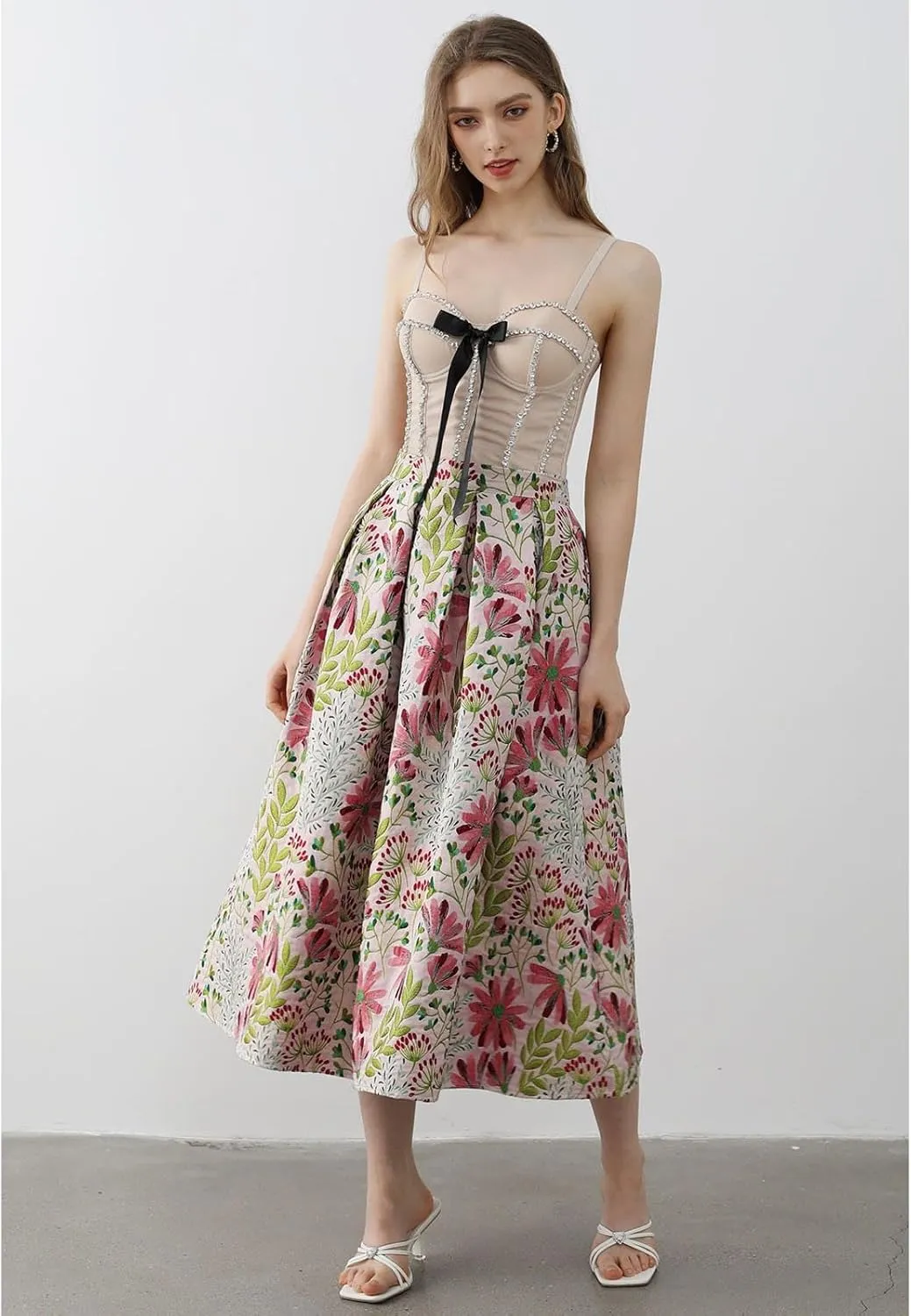 CHICWISH Women Daisy Field Pleated Midi Skirt Printed A-Line Casual High Waist Swing Flared Vintage Skirts with Pockets