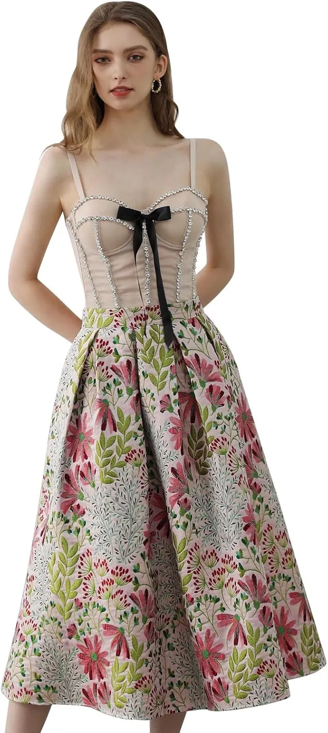CHICWISH Women Daisy Field Pleated Midi Skirt Printed A-Line Casual High Waist Swing Flared Vintage Skirts with Pockets