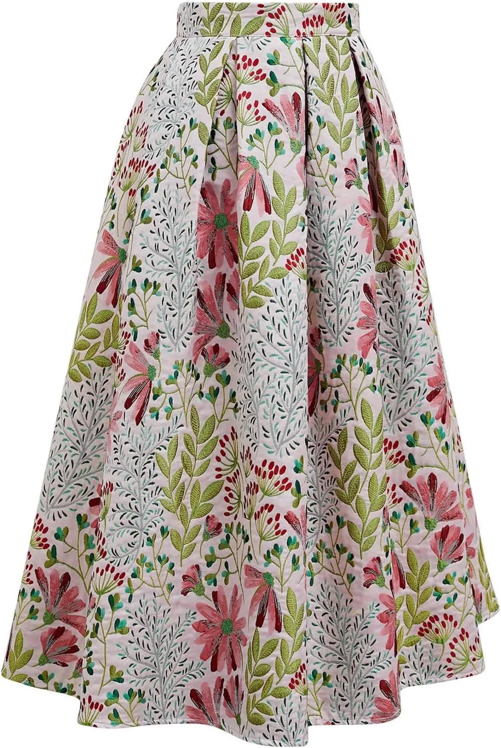 CHICWISH Women Daisy Field Pleated Midi Skirt Printed A-Line Casual High Waist Swing Flared Vintage Skirts with Pockets