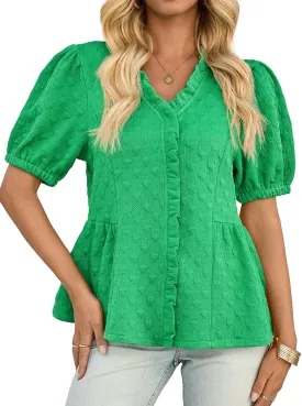 Cicy Bell Womens Peplum Puff Sleeve Tops Dressy Casual Summer Textured Blouses V Neck Ruffle Pleated Shirts