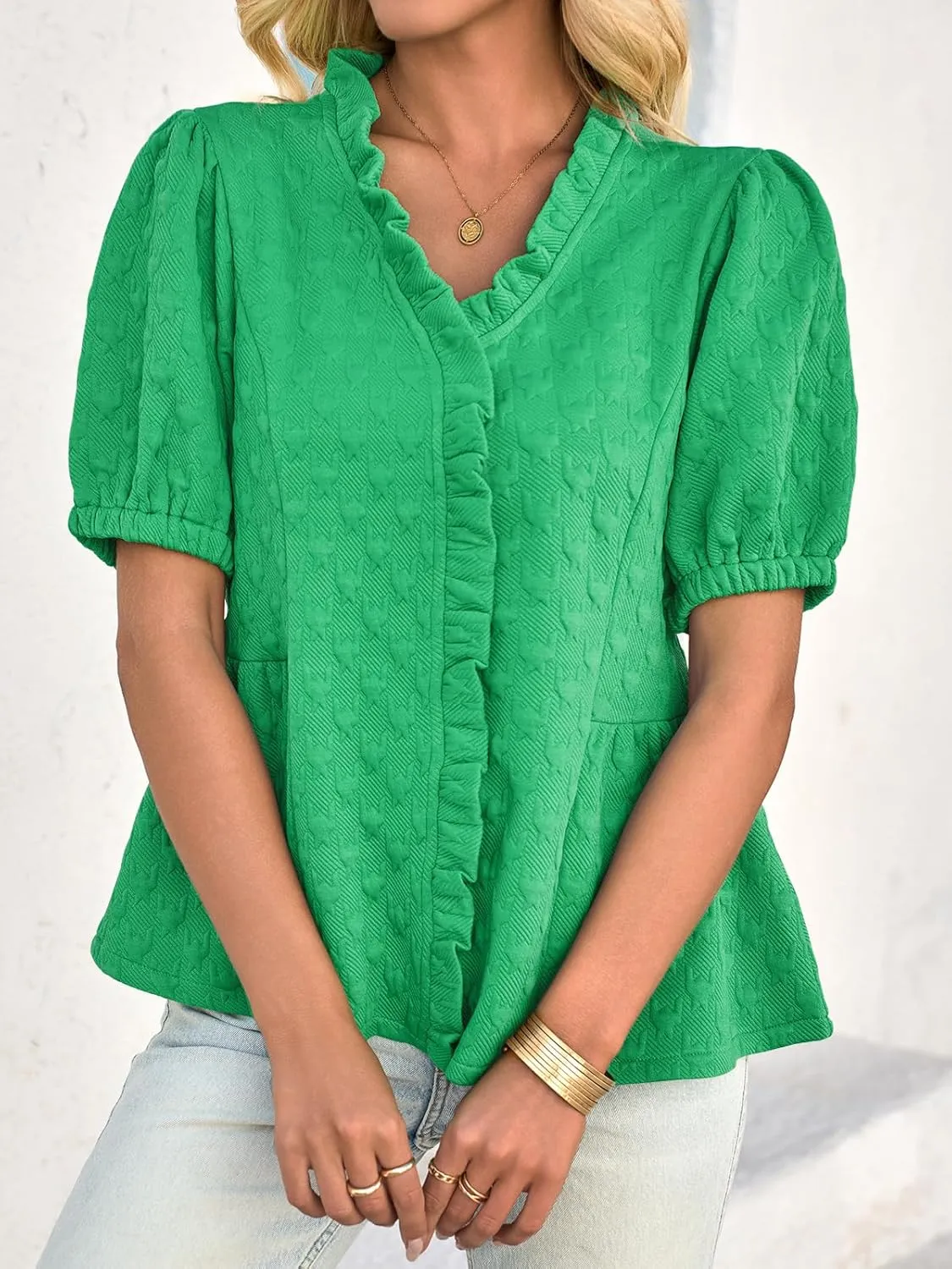 Cicy Bell Womens Peplum Puff Sleeve Tops Dressy Casual Summer Textured Blouses V Neck Ruffle Pleated Shirts