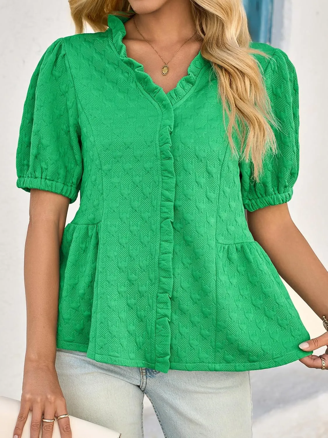 Cicy Bell Womens Peplum Puff Sleeve Tops Dressy Casual Summer Textured Blouses V Neck Ruffle Pleated Shirts