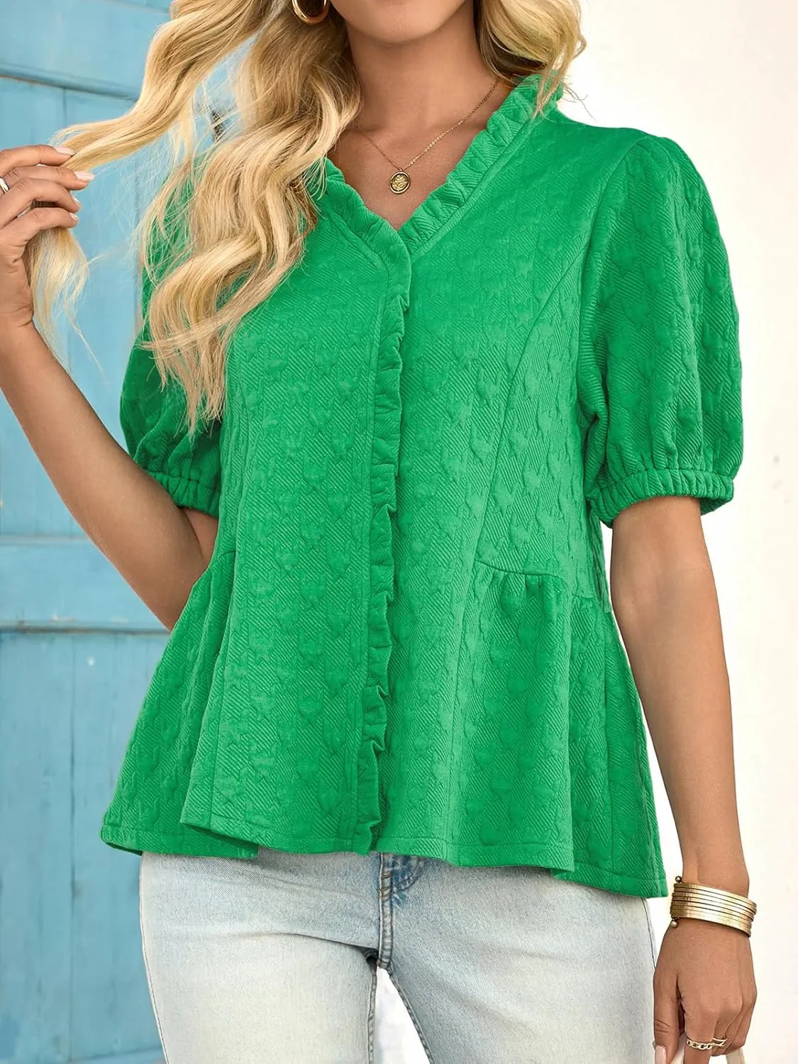 Cicy Bell Womens Peplum Puff Sleeve Tops Dressy Casual Summer Textured Blouses V Neck Ruffle Pleated Shirts