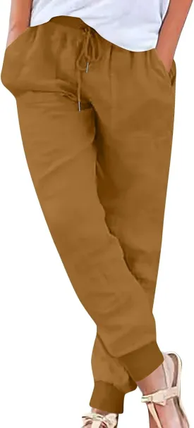 Cotton Linen Pants Women Drawstring High Waisted Tapered Joggers Pants Baggy Beach Travel Cinch Bottom Slacks Pockets