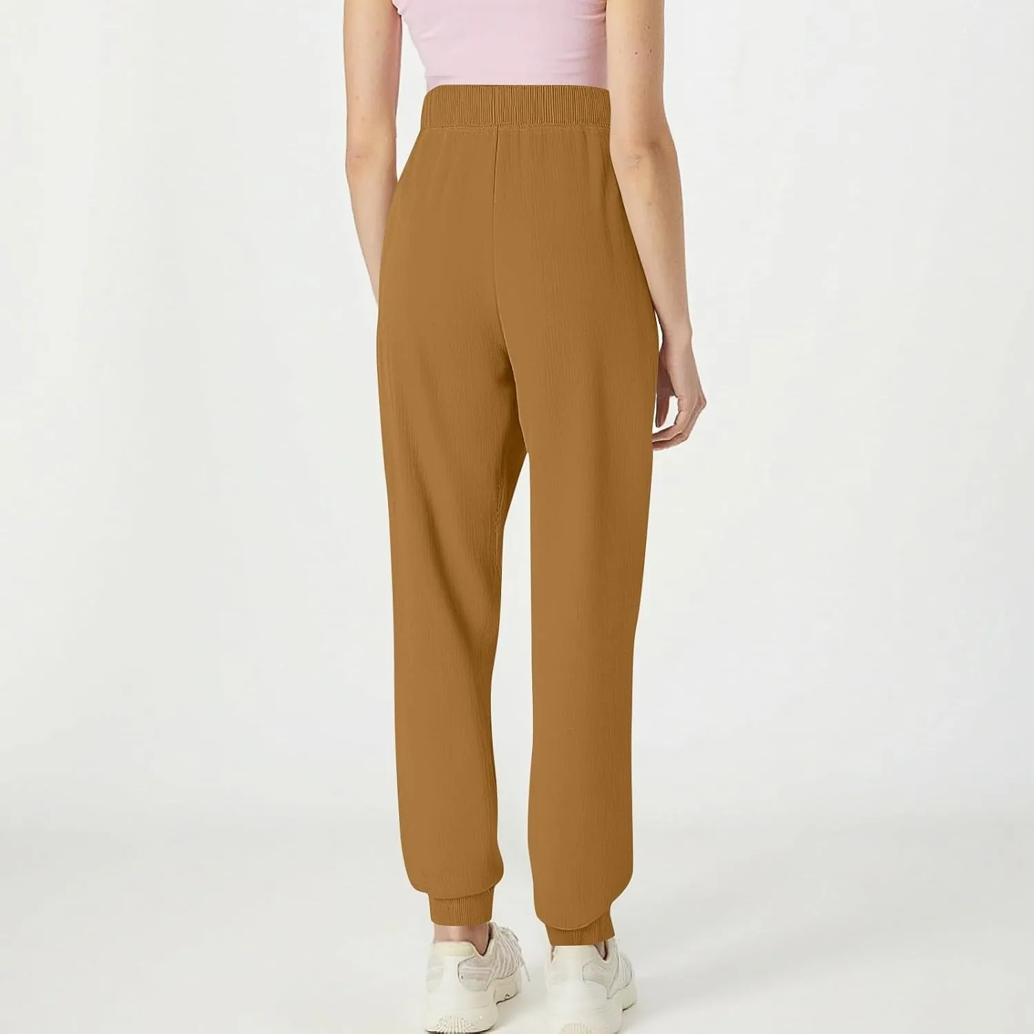 Cotton Linen Pants Women Drawstring High Waisted Tapered Joggers Pants Baggy Beach Travel Cinch Bottom Slacks Pockets