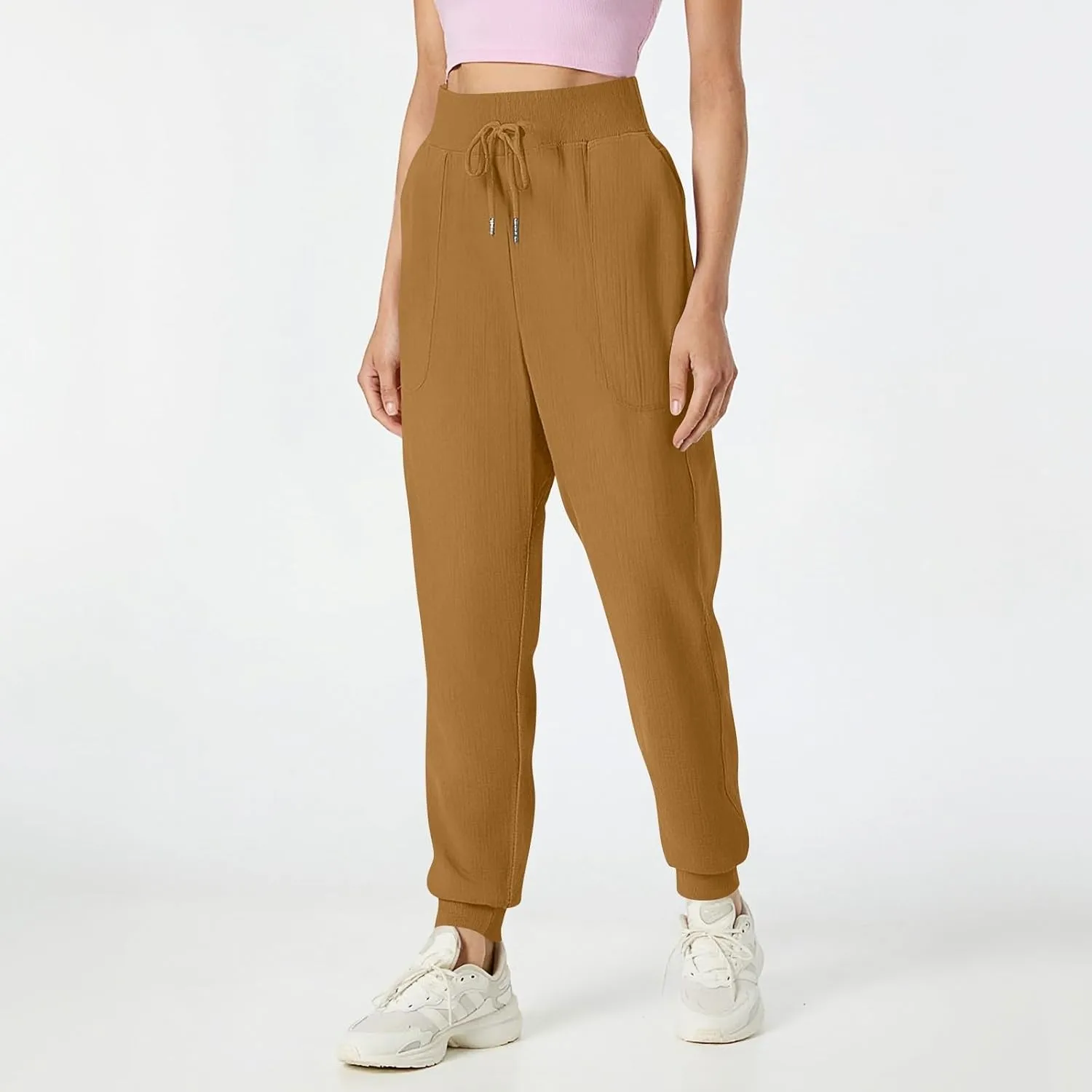 Cotton Linen Pants Women Drawstring High Waisted Tapered Joggers Pants Baggy Beach Travel Cinch Bottom Slacks Pockets