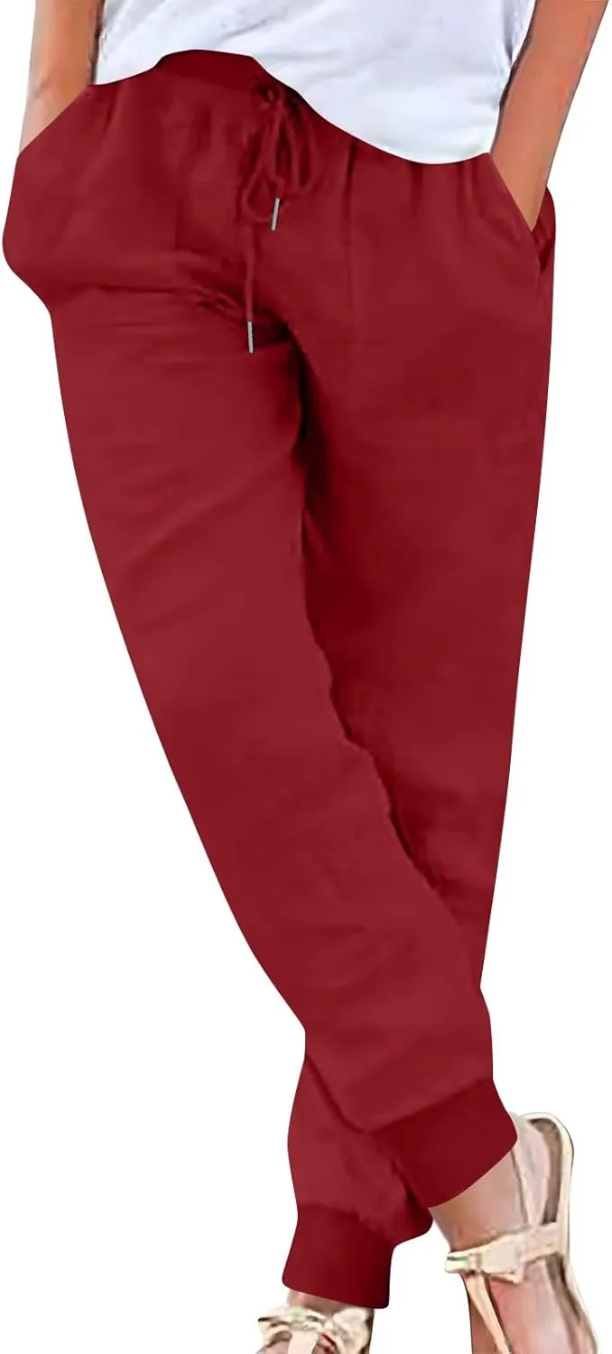 Cotton Linen Pants Women Drawstring High Waisted Tapered Joggers Pants Baggy Beach Travel Cinch Bottom Slacks Pockets