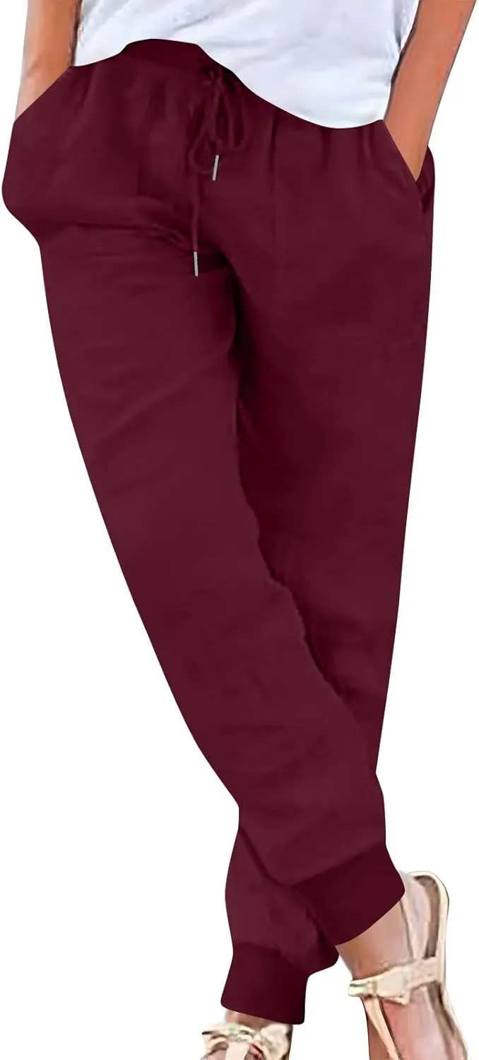 Cotton Linen Pants Women Drawstring High Waisted Tapered Joggers Pants Baggy Beach Travel Cinch Bottom Slacks Pockets