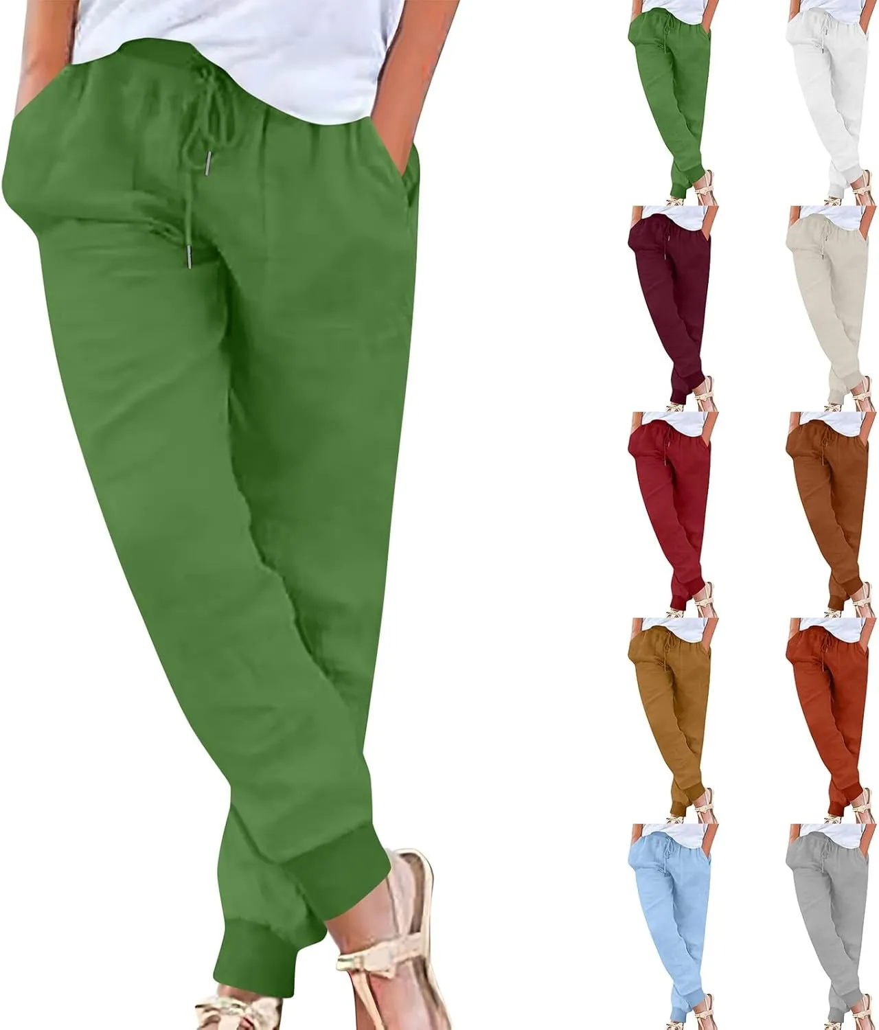 Cotton Linen Pants Women Drawstring High Waisted Tapered Joggers Pants Baggy Beach Travel Cinch Bottom Slacks Pockets