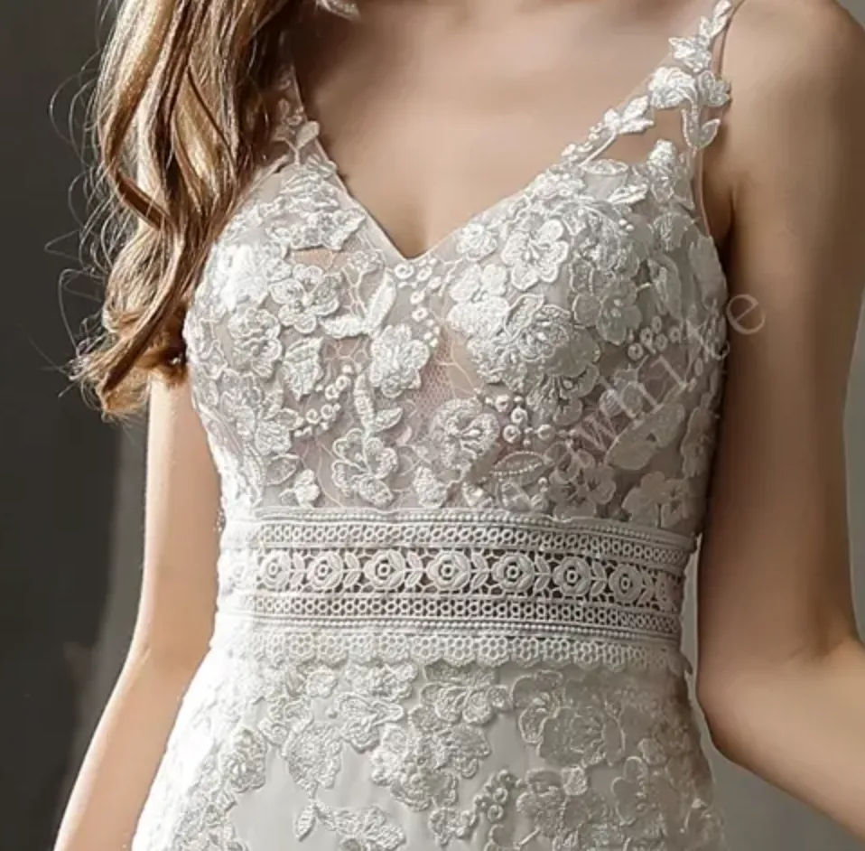 Crepe and Lace Fit and Flare Dress with Illusion Scalloped Train