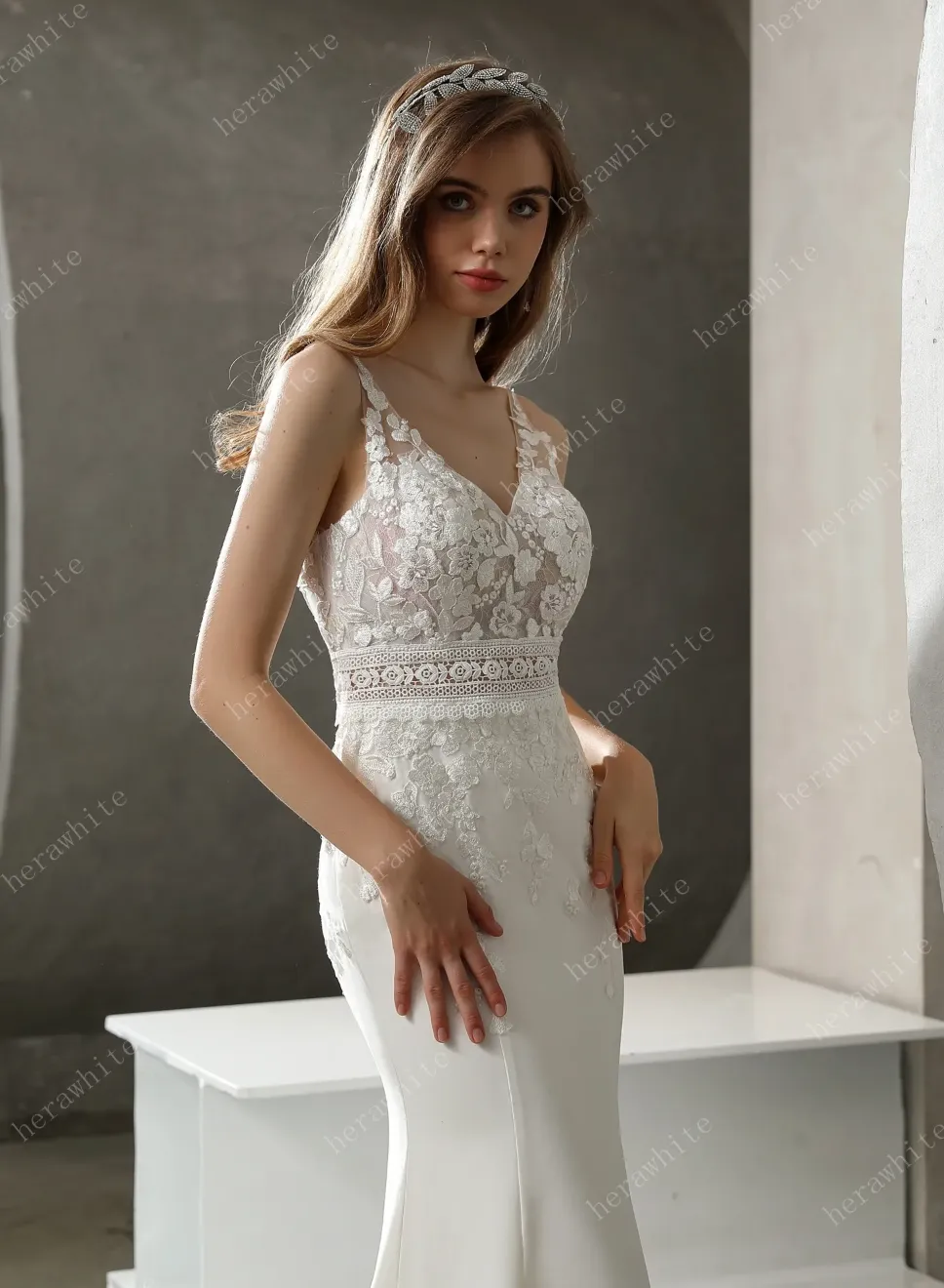 Crepe and Lace Fit and Flare Dress with Illusion Scalloped Train