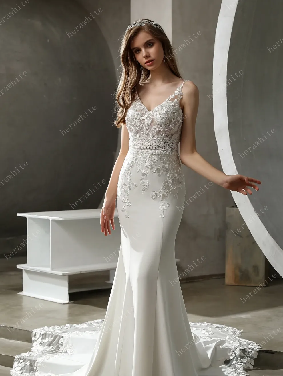 Crepe and Lace Fit and Flare Dress with Illusion Scalloped Train