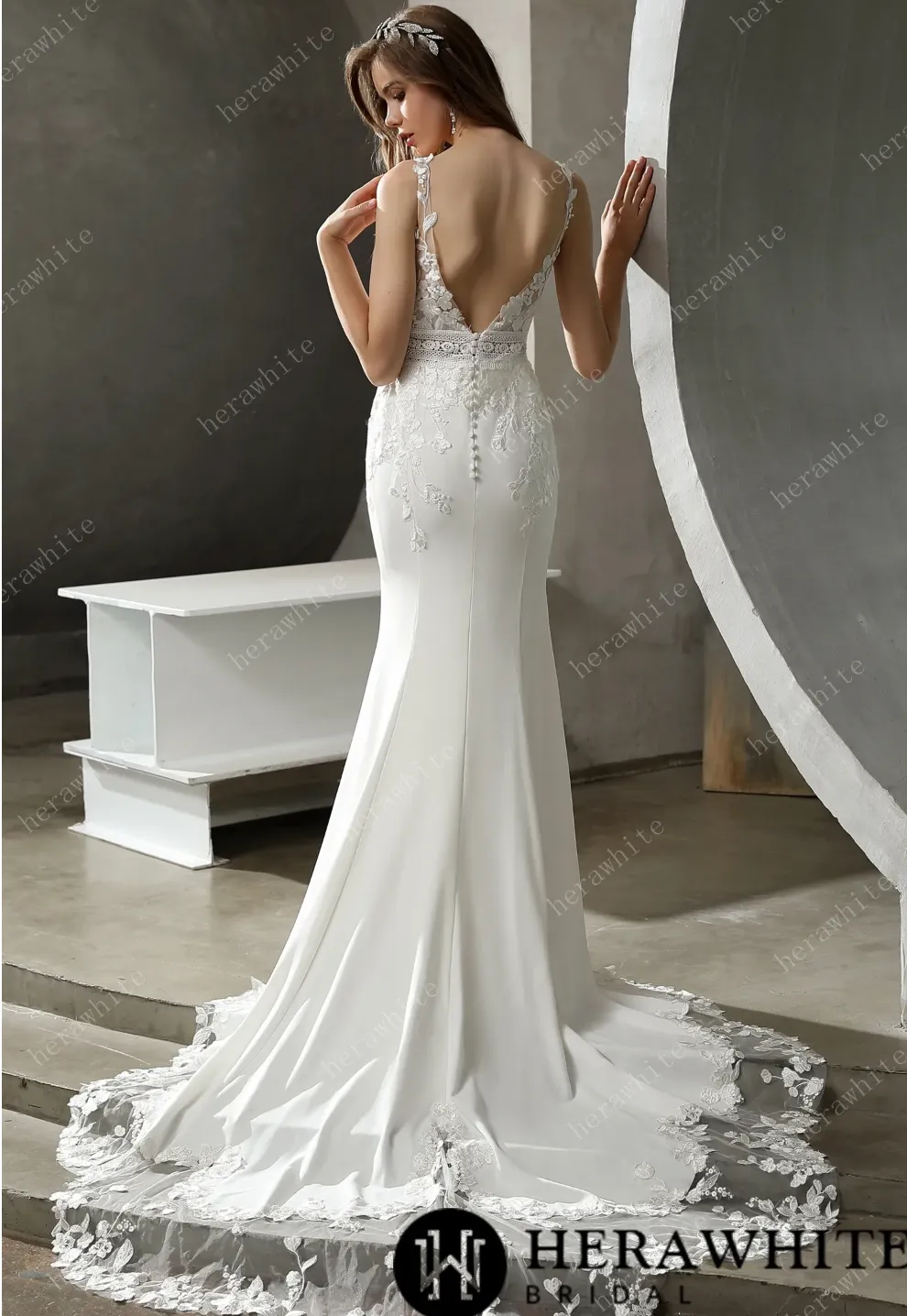 Crepe and Lace Fit and Flare Dress with Illusion Scalloped Train