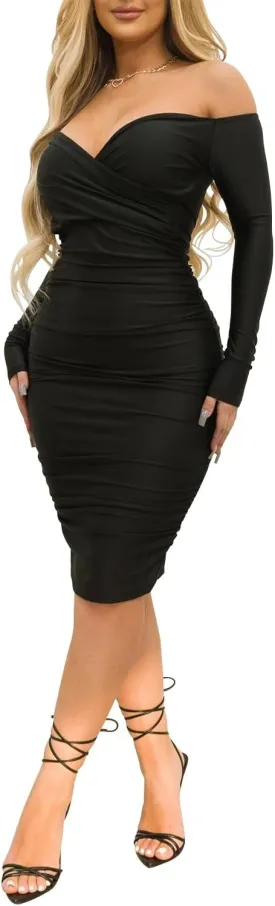 Ekaliy Women's Sexy Black Off The Shoulder Midi Dress Long Sleeve Ruched Bodycon Dresses