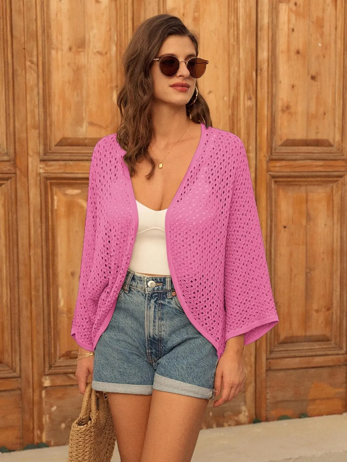 GRACE KARIN Open Front 3/4 Sleeve Batwing Cardigan for Women Lightweight Crochet Summer Cardigan Hollow-Out Cover Ups