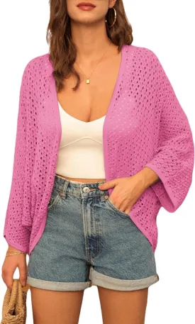 GRACE KARIN Open Front 3/4 Sleeve Batwing Cardigan for Women Lightweight Crochet Summer Cardigan Hollow-Out Cover Ups