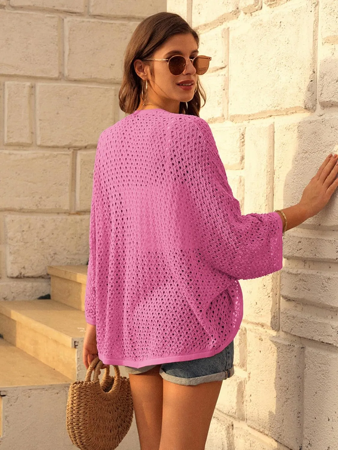 GRACE KARIN Open Front 3/4 Sleeve Batwing Cardigan for Women Lightweight Crochet Summer Cardigan Hollow-Out Cover Ups